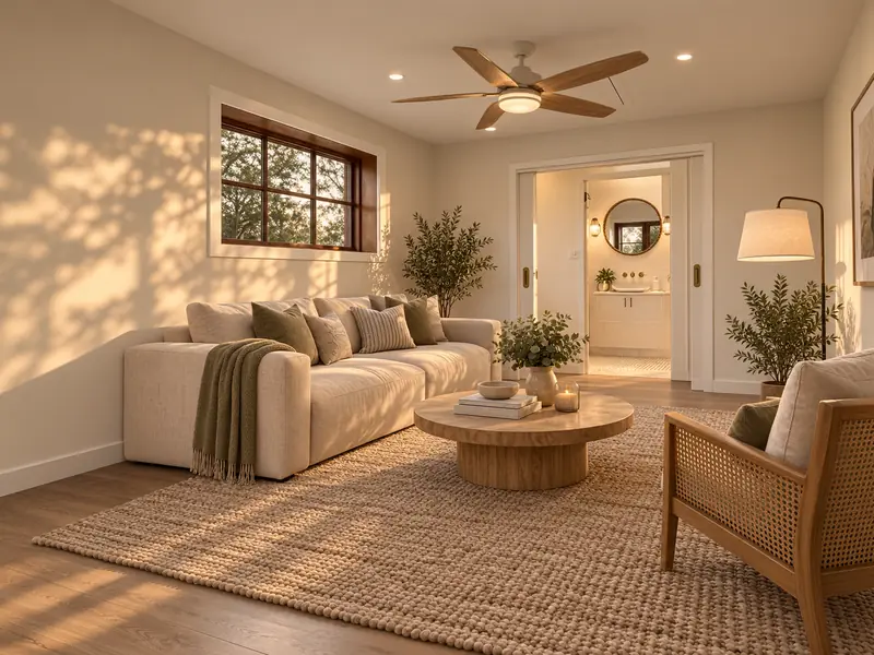 Sunlit lounge with a cream sofa, timber ceiling fan and adjoining bathroom