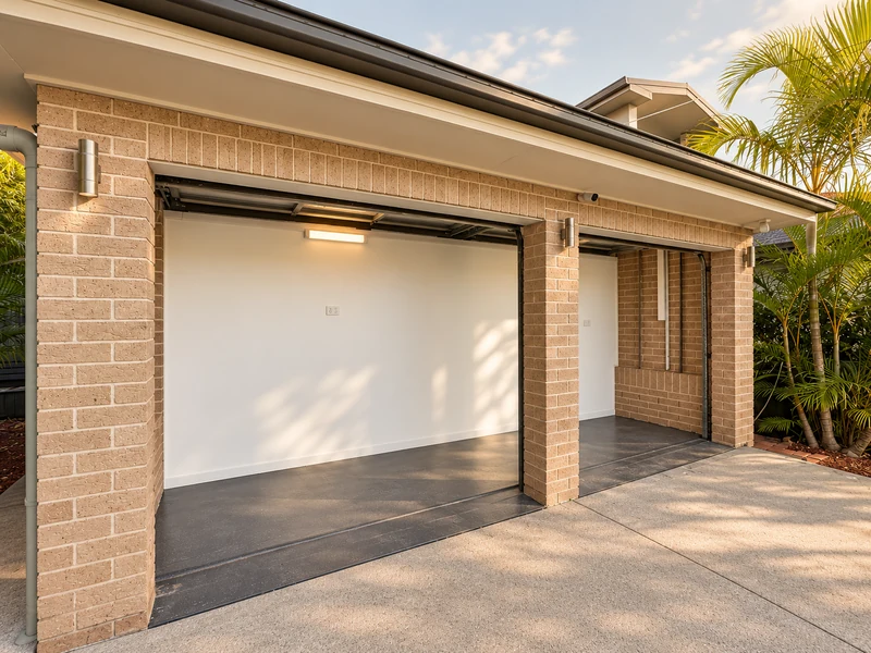 Brick double garage with a roller door and a paved driveway