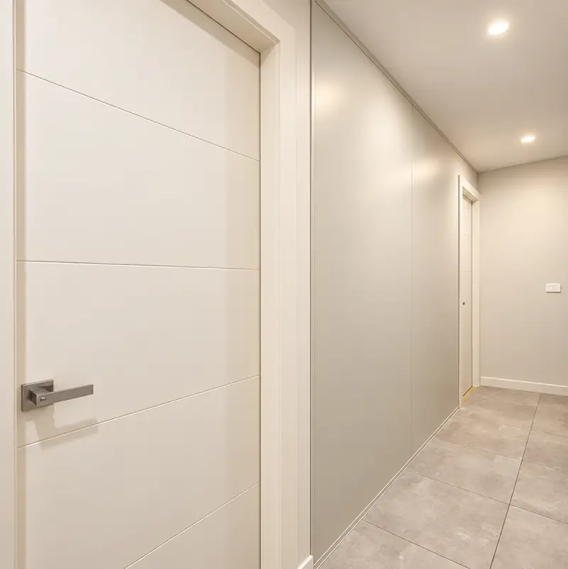 QuickRooms hallway showing pre-finished wall panels and white doors