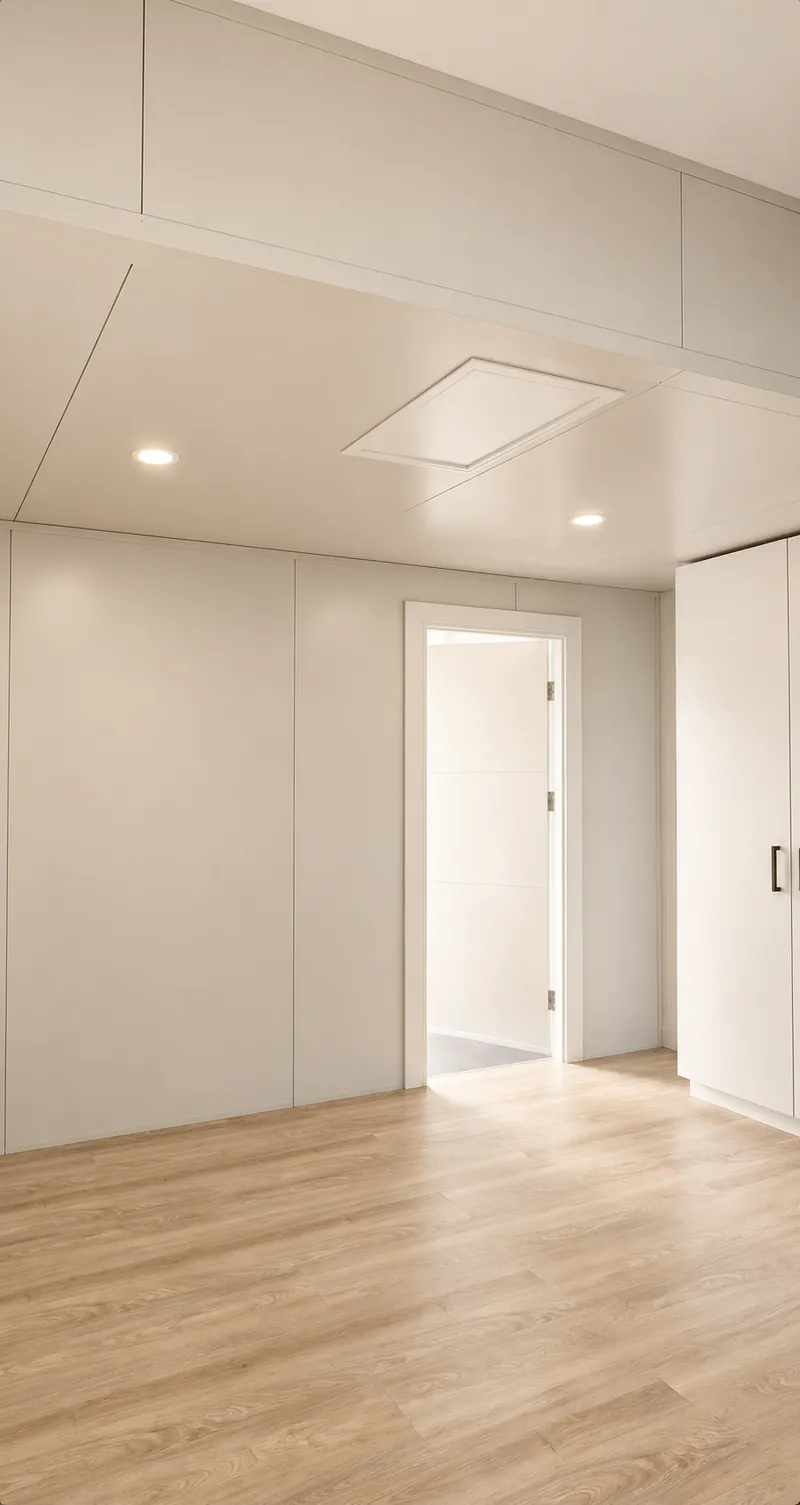 QuickRooms wall and ceiling panel joints beside an open doorway